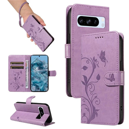 For Google Pixel 8 Pro Case PU Leather Card Slots Phone Protector with Butterfly Flower Pattern