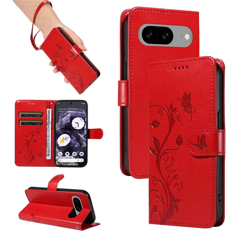 For Google Pixel 8 Leather Case Stand Card Slots Wrist Strap Phone Cover