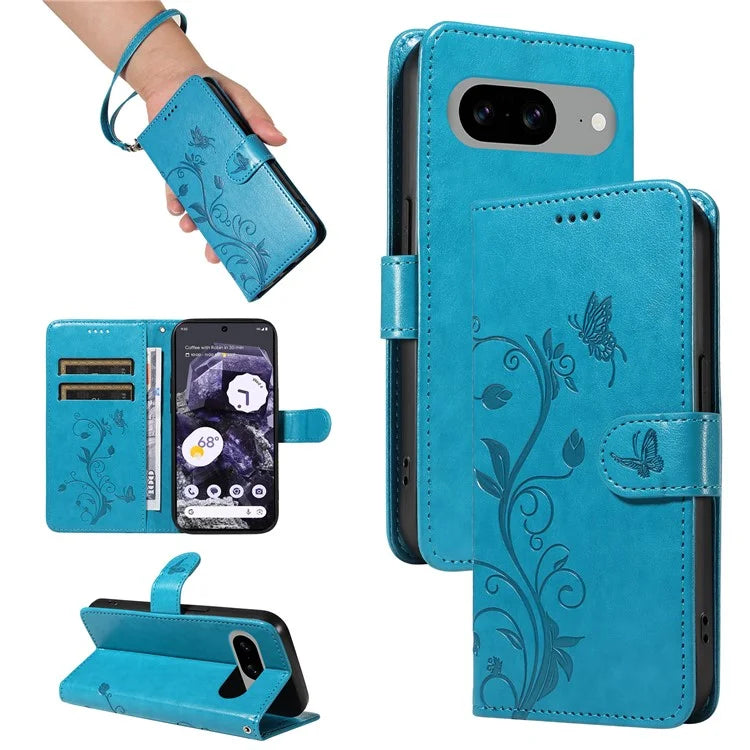 For Google Pixel 8 Leather Case Stand Card Slots Wrist Strap Phone Cover