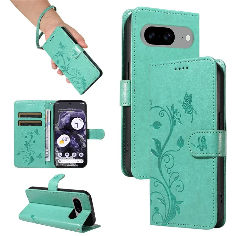 For Google Pixel 8 Leather Case Stand Card Slots Wrist Strap Phone Cover