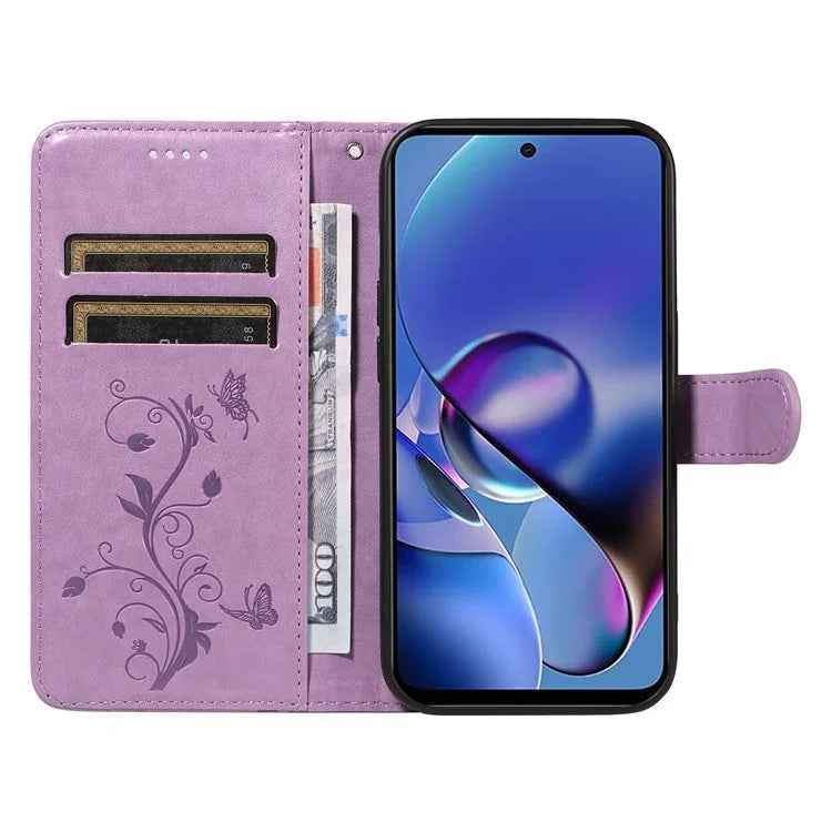 For Motorola Moto G54 5G Leather Wallet Case Flip Protective Phone Cover Butterfly Flower Pattern