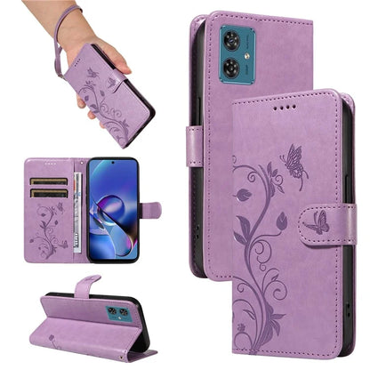 For Motorola Moto G54 5G Leather Wallet Case Flip Protective Phone Cover Butterfly Flower Pattern