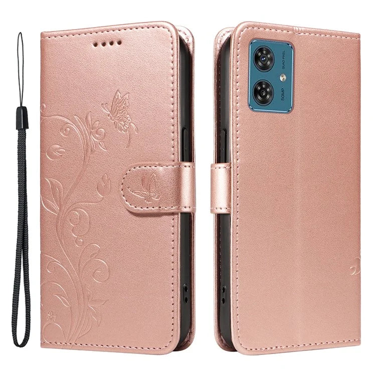 For Motorola Moto G54 5G Leather Wallet Case Flip Protective Phone Cover Butterfly Flower Pattern