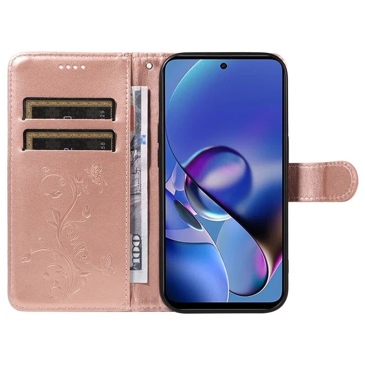 For Motorola Moto G54 5G Leather Wallet Case Flip Protective Phone Cover Butterfly Flower Pattern