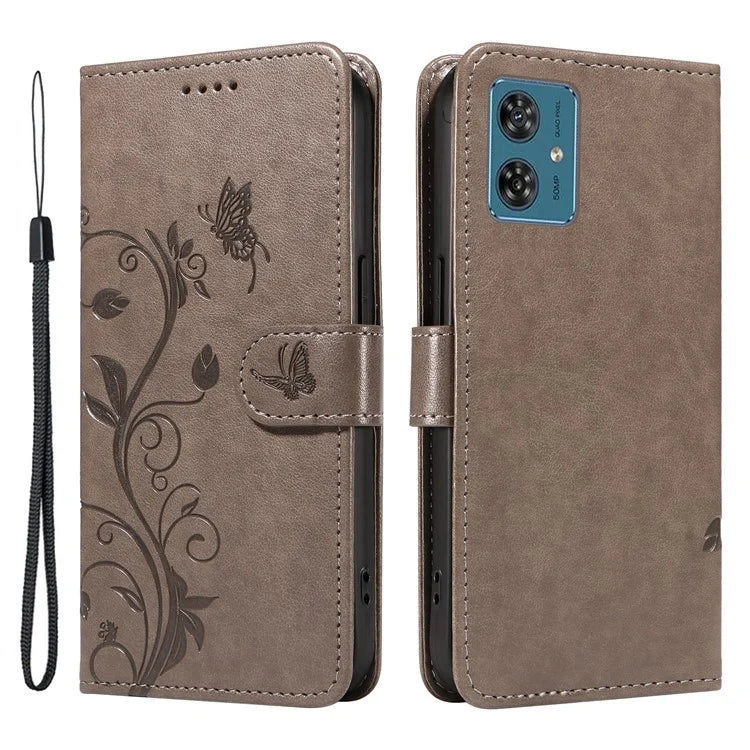 For Motorola Moto G54 5G Leather Wallet Case Flip Protective Phone Cover Butterfly Flower Pattern