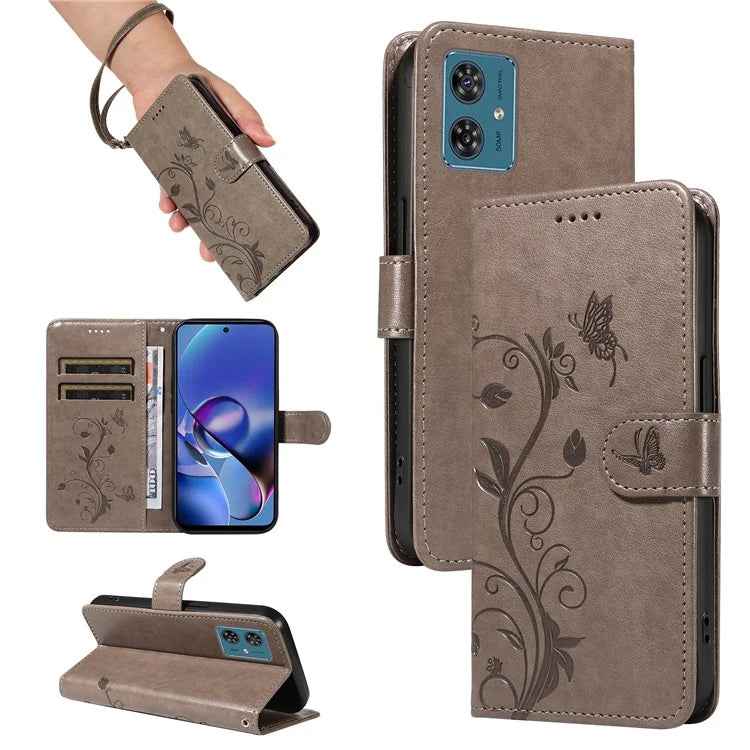 For Motorola Moto G54 5G Leather Wallet Case Flip Protective Phone Cover Butterfly Flower Pattern