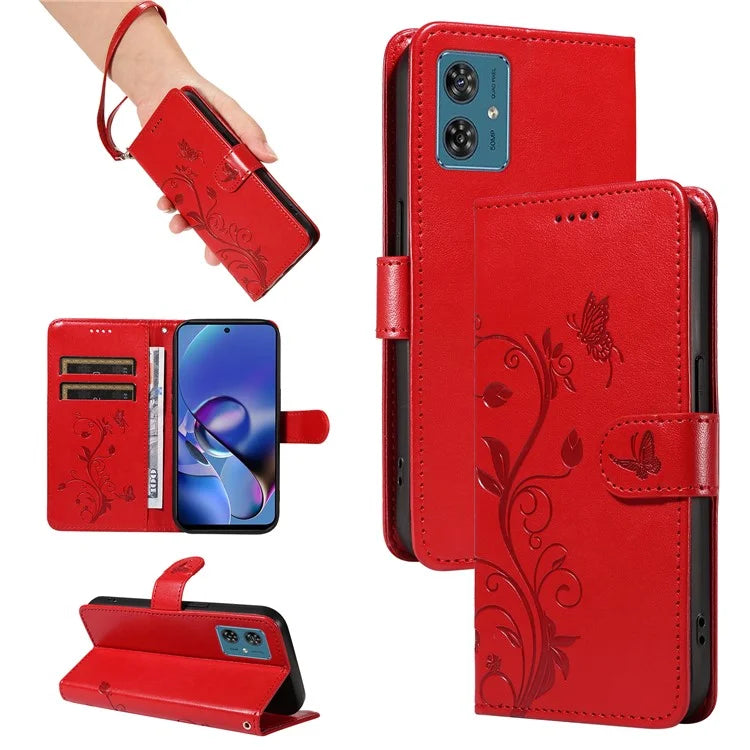 For Motorola Moto G54 5G Leather Wallet Case Flip Protective Phone Cover Butterfly Flower Pattern