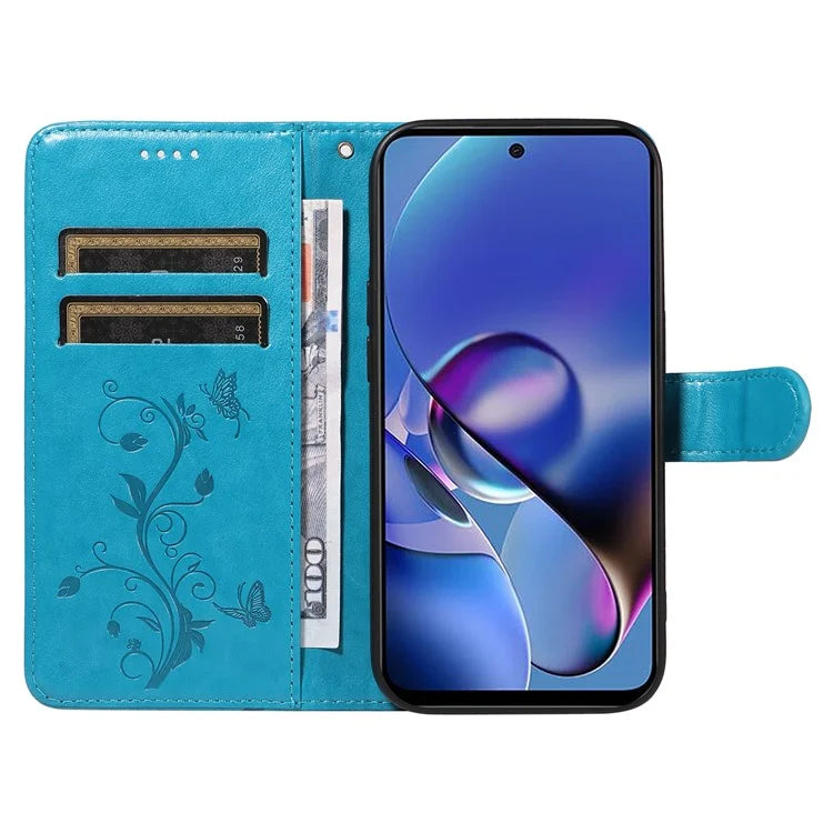 For Motorola Moto G54 5G Leather Wallet Case Flip Protective Phone Cover Butterfly Flower Pattern