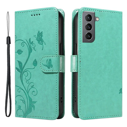 For Samsung Galaxy S21 FE 5G Leather Case Wrist Strap Card Holder Butterfly Flower Phone Cover