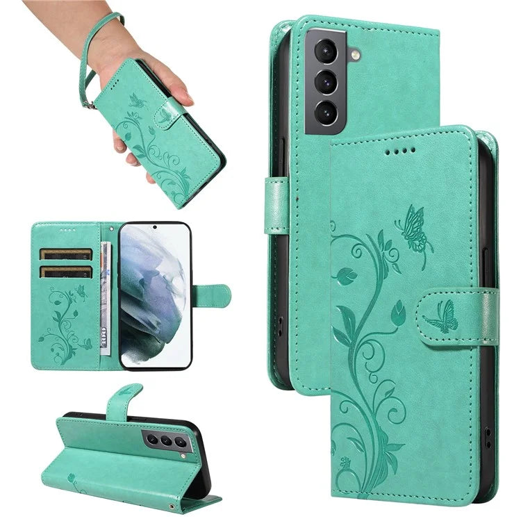 For Samsung Galaxy S21 FE 5G Leather Case Wrist Strap Card Holder Butterfly Flower Phone Cover