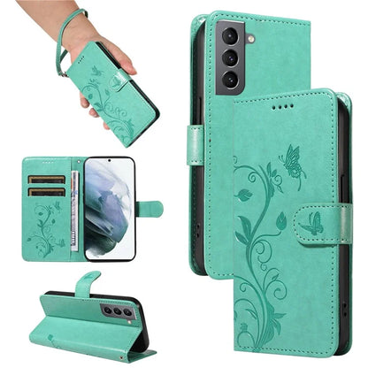 For Samsung Galaxy S21 FE 5G Leather Case Wrist Strap Card Holder Butterfly Flower Phone Cover