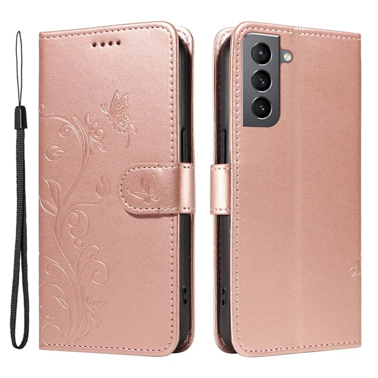 For Samsung Galaxy S21 FE 5G Leather Case Wrist Strap Card Holder Butterfly Flower Phone Cover