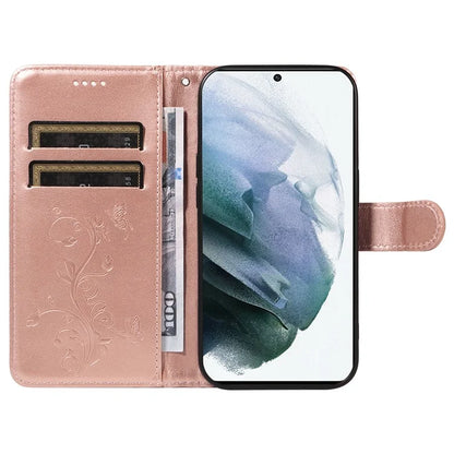 For Samsung Galaxy S21 FE 5G Leather Case Wrist Strap Card Holder Butterfly Flower Phone Cover
