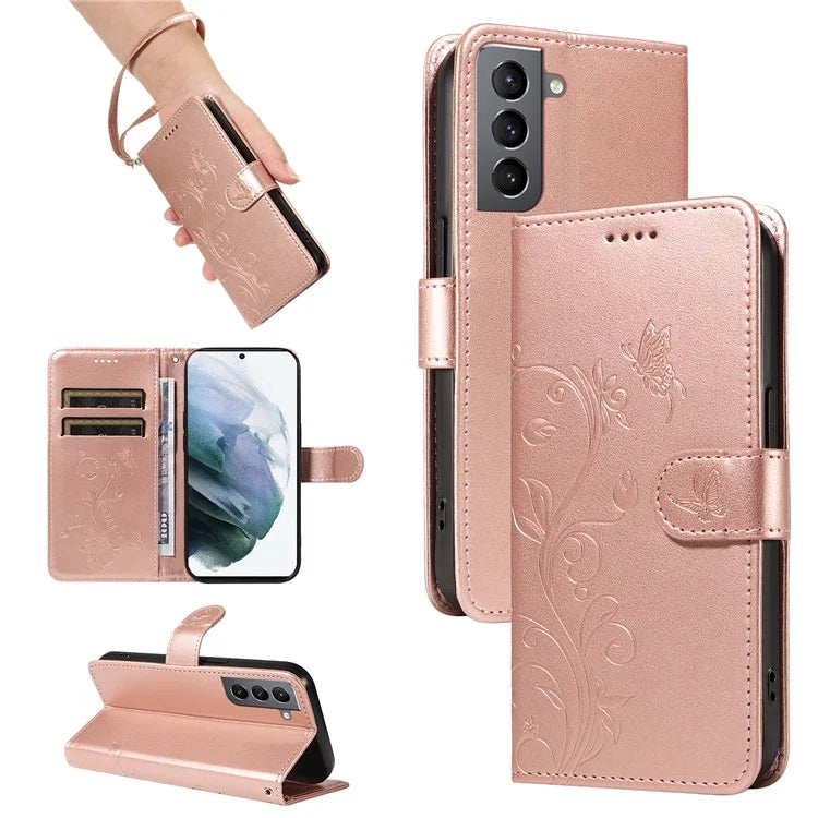 For Samsung Galaxy S21 FE 5G Leather Case Wrist Strap Card Holder Butterfly Flower Phone Cover