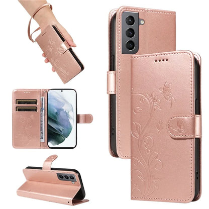 For Samsung Galaxy S21 FE 5G Leather Case Wrist Strap Card Holder Butterfly Flower Phone Cover