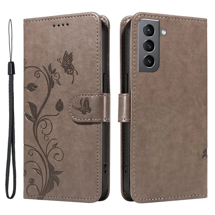 For Samsung Galaxy S21 FE 5G Leather Case Wrist Strap Card Holder Butterfly Flower Phone Cover