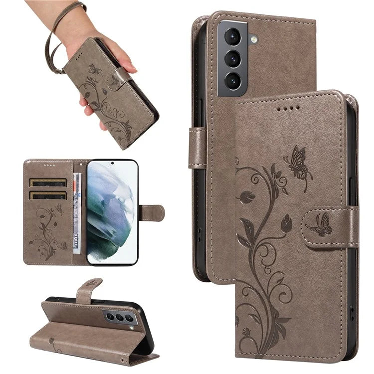For Samsung Galaxy S21 FE 5G Leather Case Wrist Strap Card Holder Butterfly Flower Phone Cover
