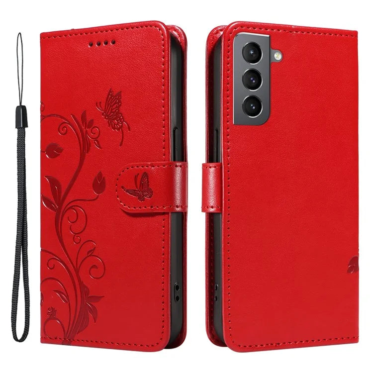 For Samsung Galaxy S21 FE 5G Leather Case Wrist Strap Card Holder Butterfly Flower Phone Cover