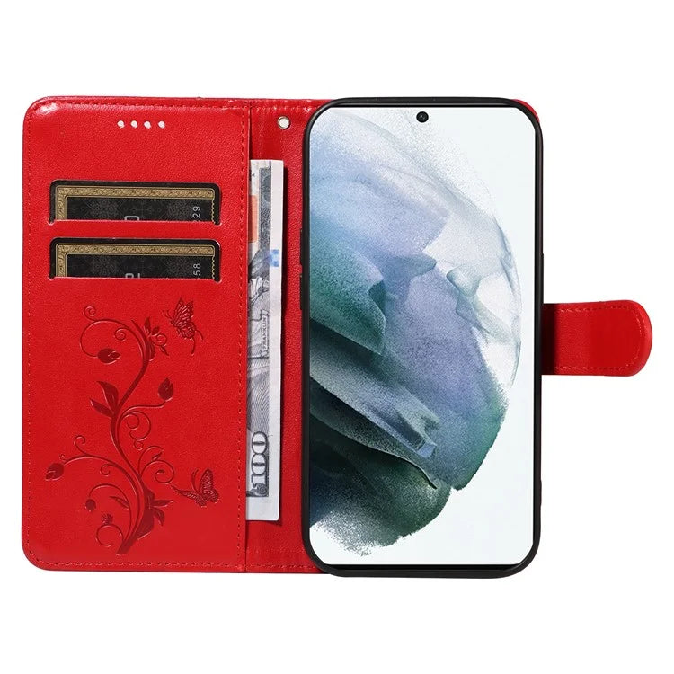 For Samsung Galaxy S21 FE 5G Leather Case Wrist Strap Card Holder Butterfly Flower Phone Cover