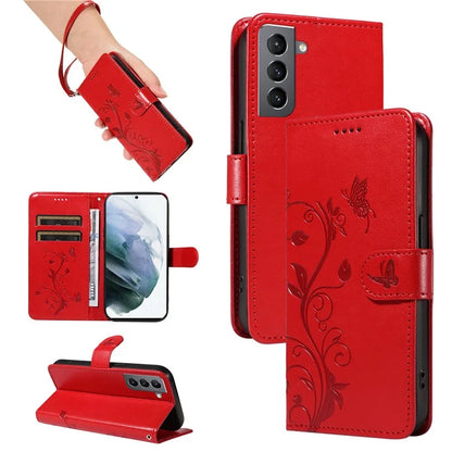 For Samsung Galaxy S21 FE 5G Leather Case Wrist Strap Card Holder Butterfly Flower Phone Cover