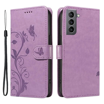 For Samsung Galaxy S21 FE 5G Leather Case Wrist Strap Card Holder Butterfly Flower Phone Cover