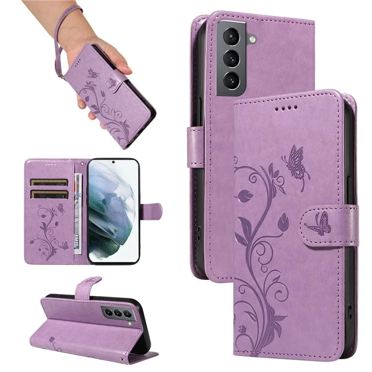 For Samsung Galaxy S21 FE 5G Leather Case Wrist Strap Card Holder Butterfly Flower Phone Cover
