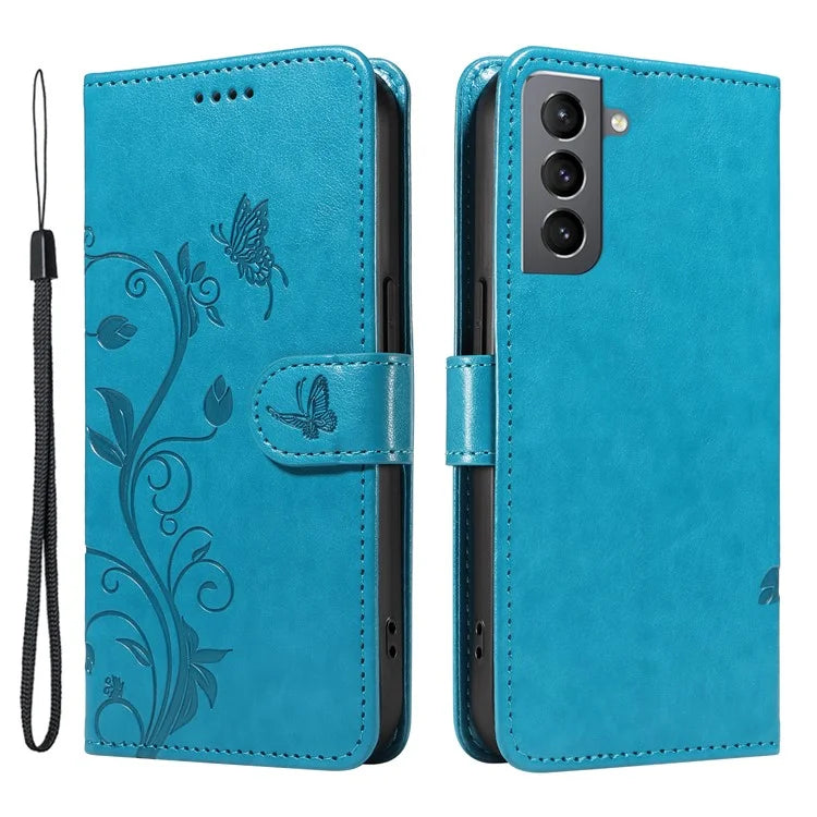 For Samsung Galaxy S21 FE 5G Leather Case Wrist Strap Card Holder Butterfly Flower Phone Cover