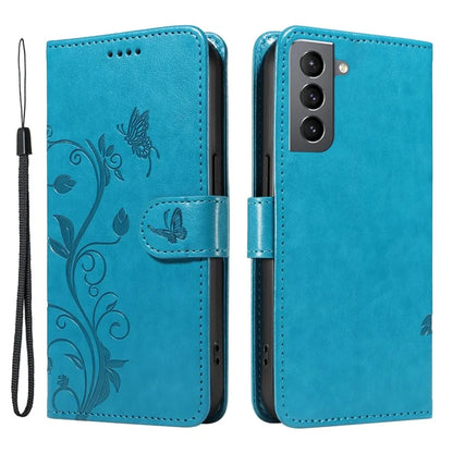 For Samsung Galaxy S21 FE 5G Leather Case Wrist Strap Card Holder Butterfly Flower Phone Cover