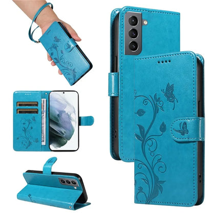 For Samsung Galaxy S21 FE 5G Leather Case Wrist Strap Card Holder Butterfly Flower Phone Cover