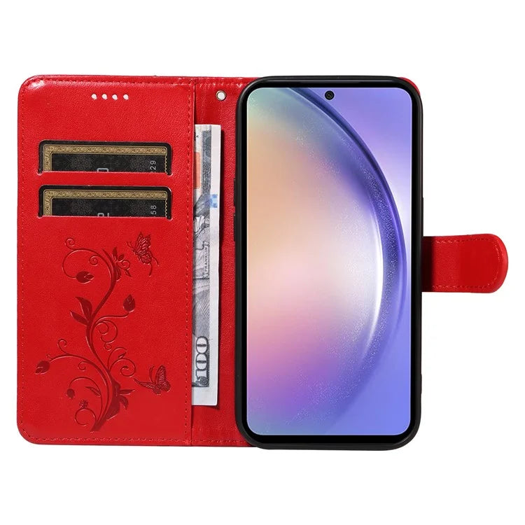 For Samsung Galaxy A54 5G Case Flower Butterfly Pattern Imprinted Leather Stand Phone Cover