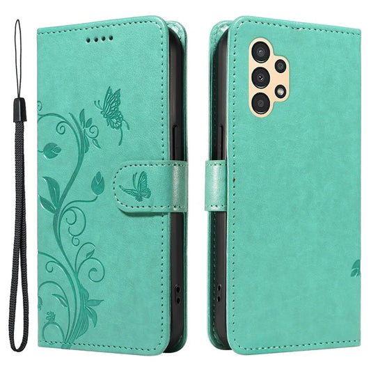 For Samsung Galaxy A13 4G / 5G Flip Folio Cover with Butterfly Flower Imprinted Leather Phone Case