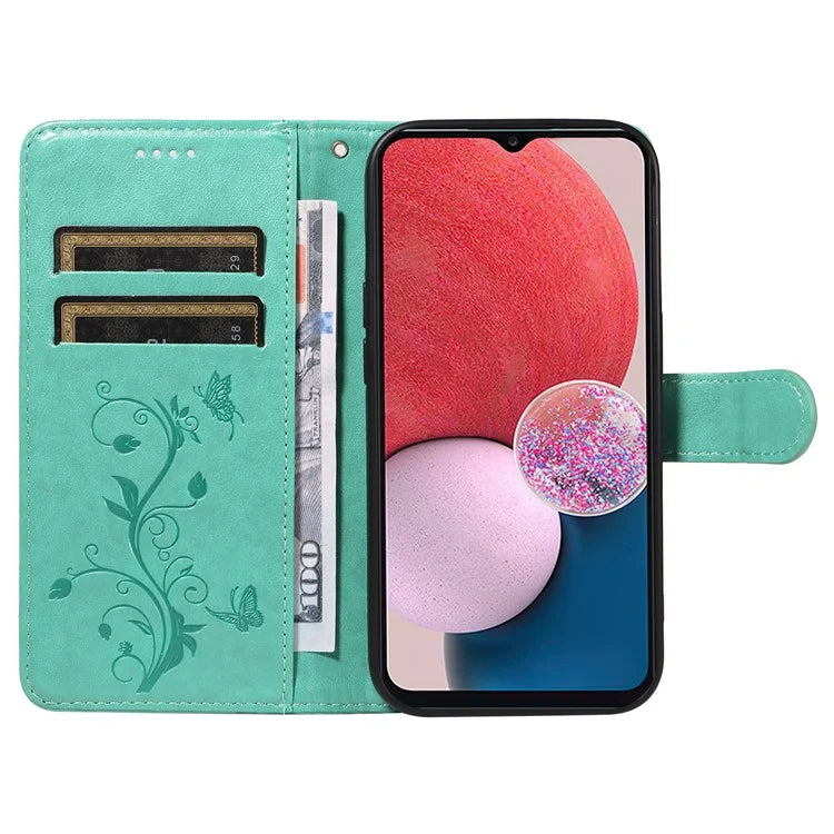 For Samsung Galaxy A13 4G / 5G Flip Folio Cover with Butterfly Flower Imprinted Leather Phone Case