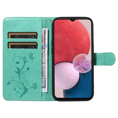 For Samsung Galaxy A13 4G / 5G Flip Folio Cover with Butterfly Flower Imprinted Leather Phone Case