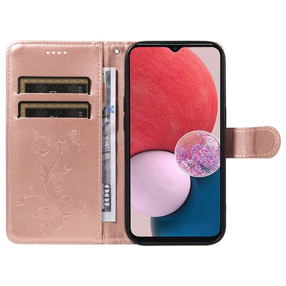 For Samsung Galaxy A13 4G / 5G Flip Folio Cover with Butterfly Flower Imprinted Leather Phone Case