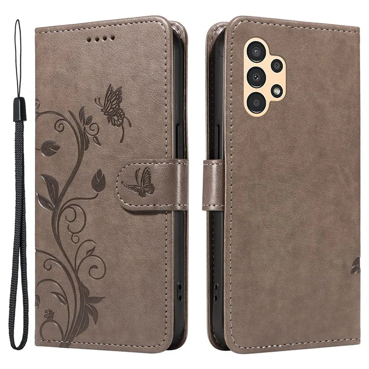 For Samsung Galaxy A13 4G / 5G Flip Folio Cover with Butterfly Flower Imprinted Leather Phone Case