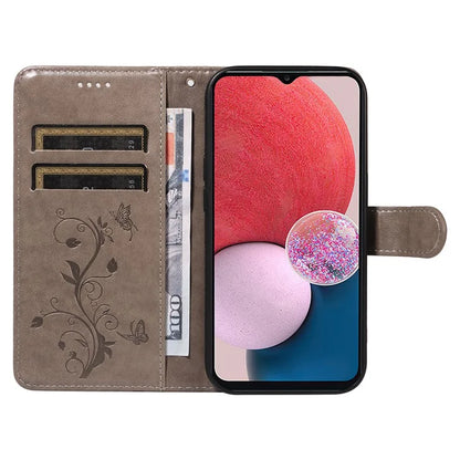 For Samsung Galaxy A13 4G / 5G Flip Folio Cover with Butterfly Flower Imprinted Leather Phone Case