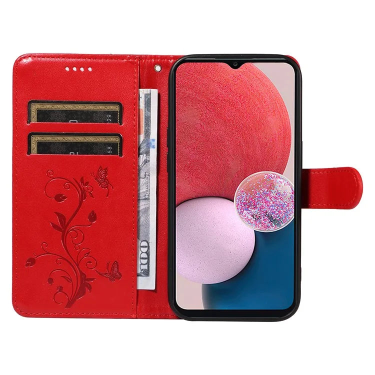 For Samsung Galaxy A13 4G / 5G Flip Folio Cover with Butterfly Flower Imprinted Leather Phone Case