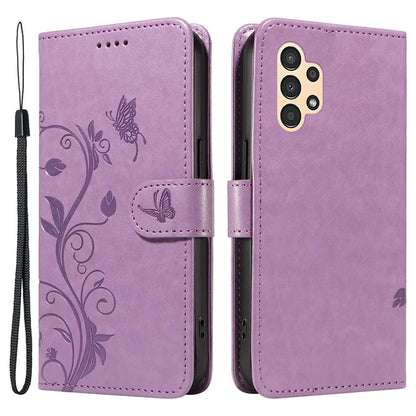 For Samsung Galaxy A13 4G / 5G Flip Folio Cover with Butterfly Flower Imprinted Leather Phone Case