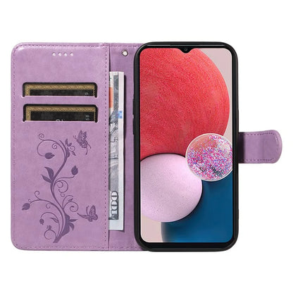 For Samsung Galaxy A13 4G / 5G Flip Folio Cover with Butterfly Flower Imprinted Leather Phone Case