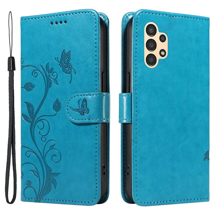 For Samsung Galaxy A13 4G / 5G Flip Folio Cover with Butterfly Flower Imprinted Leather Phone Case