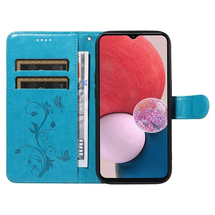 For Samsung Galaxy A13 4G / 5G Flip Folio Cover with Butterfly Flower Imprinted Leather Phone Case