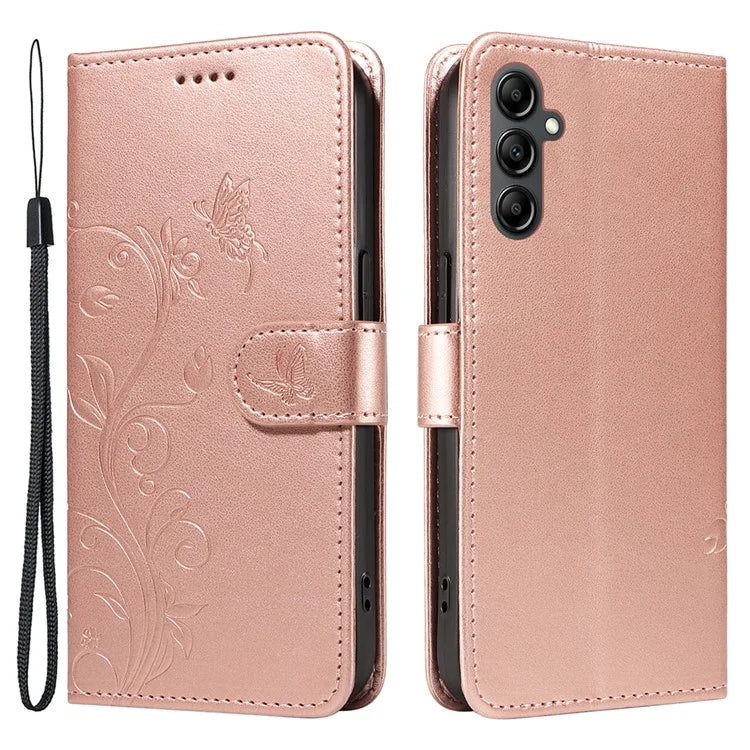 For Samsung Galaxy A14 5G Phone Case PU Leather Butterfly Flower Wrist Strap Folio Stand Cover