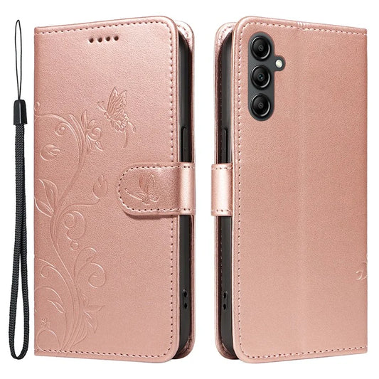 For Samsung Galaxy A14 5G Phone Case PU Leather Butterfly Flower Wrist Strap Folio Stand Cover