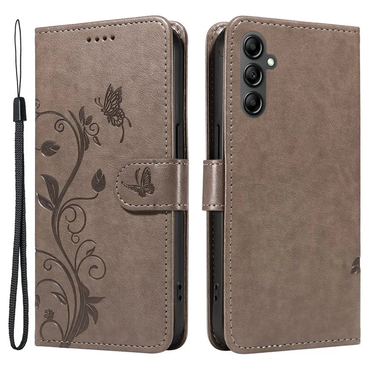 For Samsung Galaxy A14 5G Phone Case PU Leather Butterfly Flower Wrist Strap Folio Stand Cover