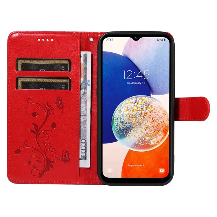 For Samsung Galaxy A14 5G Phone Case PU Leather Butterfly Flower Wrist Strap Folio Stand Cover