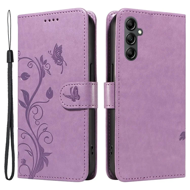 For Samsung Galaxy A14 5G Phone Case PU Leather Butterfly Flower Wrist Strap Folio Stand Cover