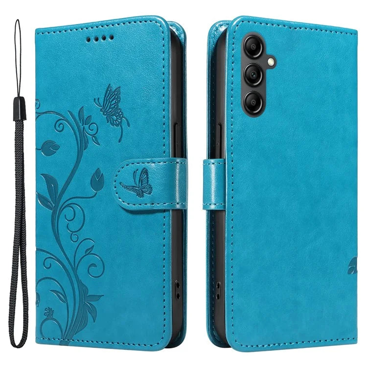For Samsung Galaxy A14 5G Phone Case PU Leather Butterfly Flower Wrist Strap Folio Stand Cover