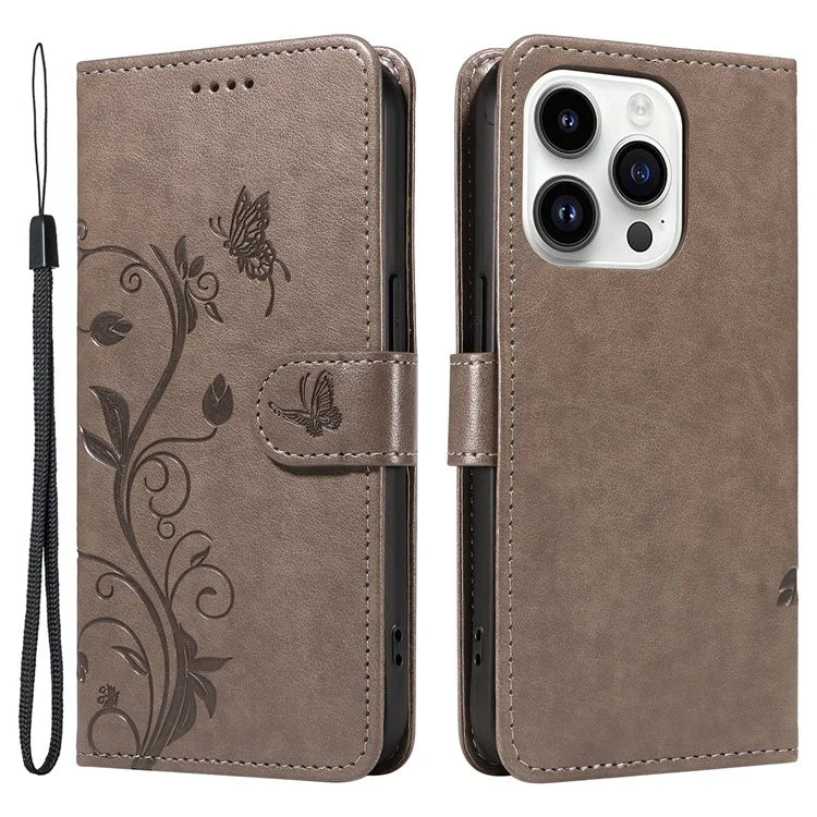 For iPhone 14 Pro Max Case Leather Flower Butterfly Pattern Phone Guard Cover with Card Slots