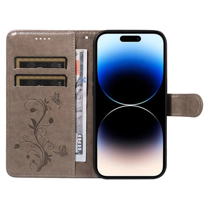 For iPhone 14 Pro Max Case Leather Flower Butterfly Pattern Phone Guard Cover with Card Slots