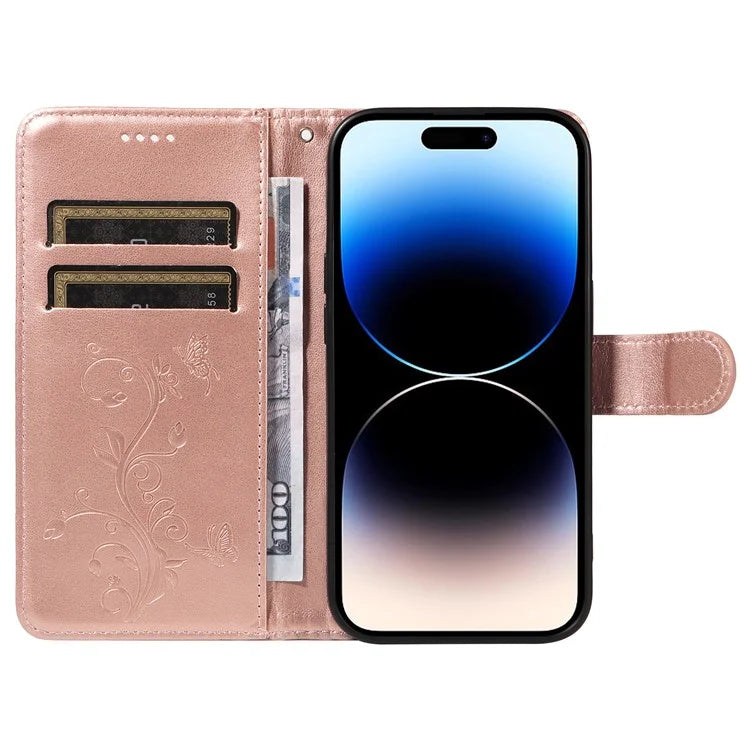For iPhone 14 Pro Max Case Leather Flower Butterfly Pattern Phone Guard Cover with Card Slots